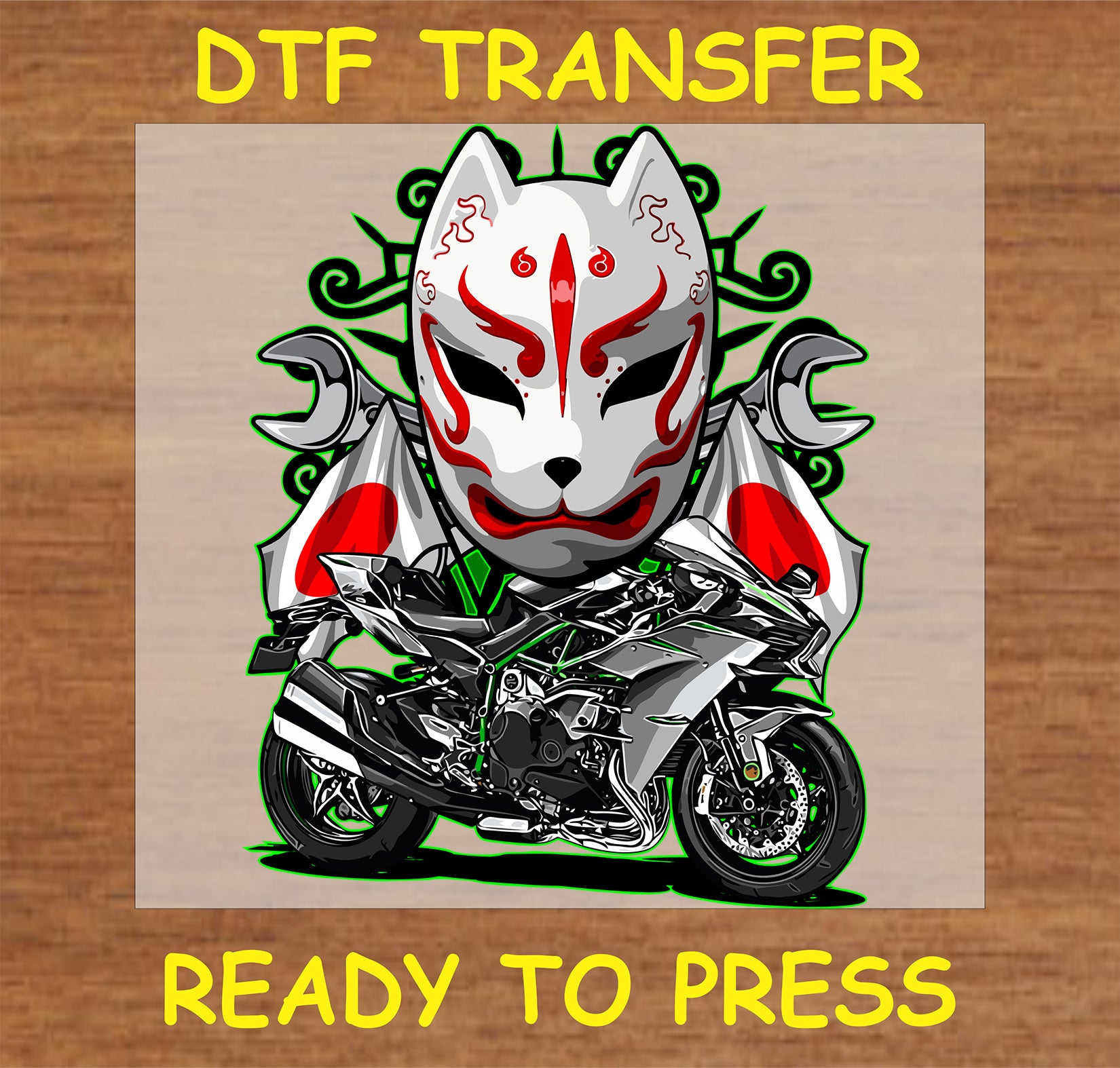 "Samurai Spirit Biker DTF Transfer with a kitsune mask and motorcycle design"
