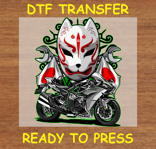 "Samurai Spirit Biker DTF Transfer with a kitsune mask and motorcycle design"