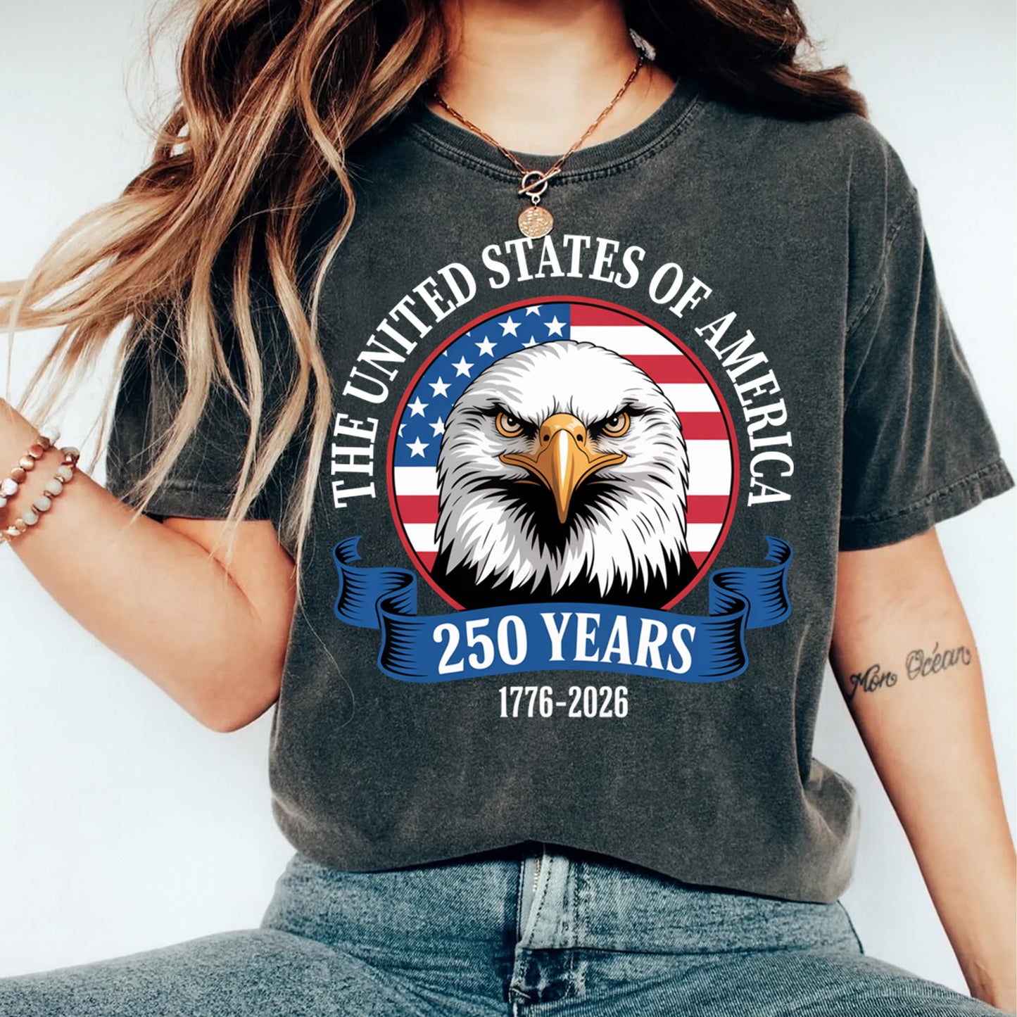 patriotic eagle 250 years united states graphic tee mockup showing american anniversary shirt design