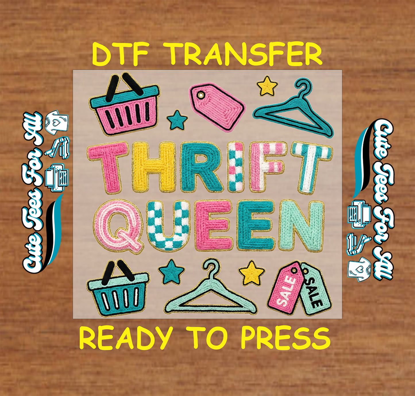 thrift queen ready to press dtf transfer embroidered style lettering with shopping basket hanger and sale tag icons iron on heat transfer for diy shirts