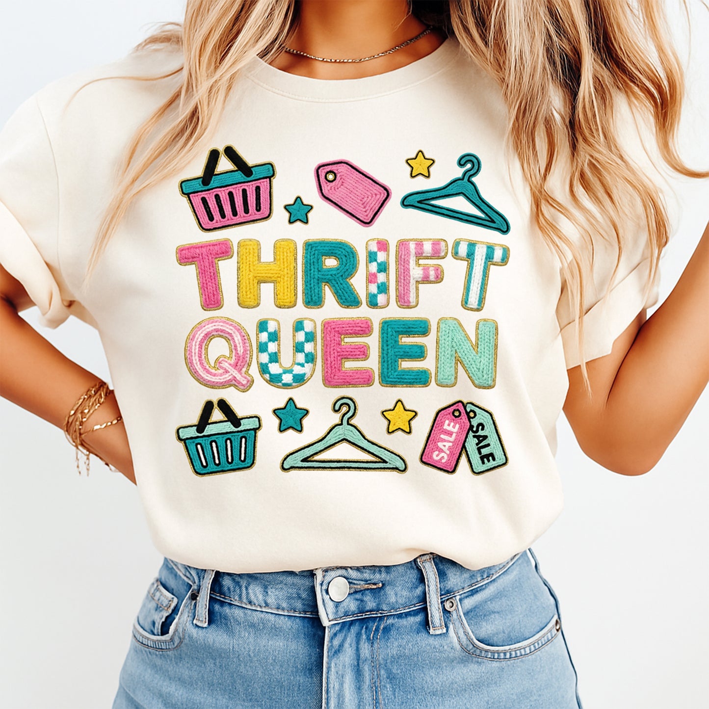 woman wearing thrift queen graphic shirt featuring colorful thrift shopping icons basket hanger and sale tags ready to press dtf transfer design