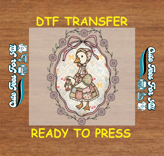 vintage goose ready to press dtf transfer cottagecore goose wearing patchwork dress bonnet with floral bow frame iron on heat transfer for diy shirts