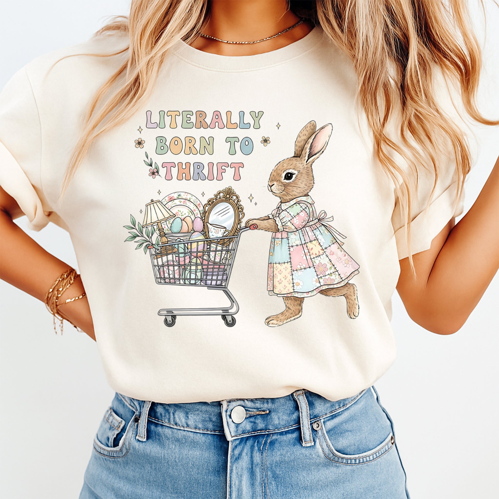 woman wearing literally born to thrift bunny thrift shopping graphic shirt ready to press dtf iron on heat transfer diy shirts