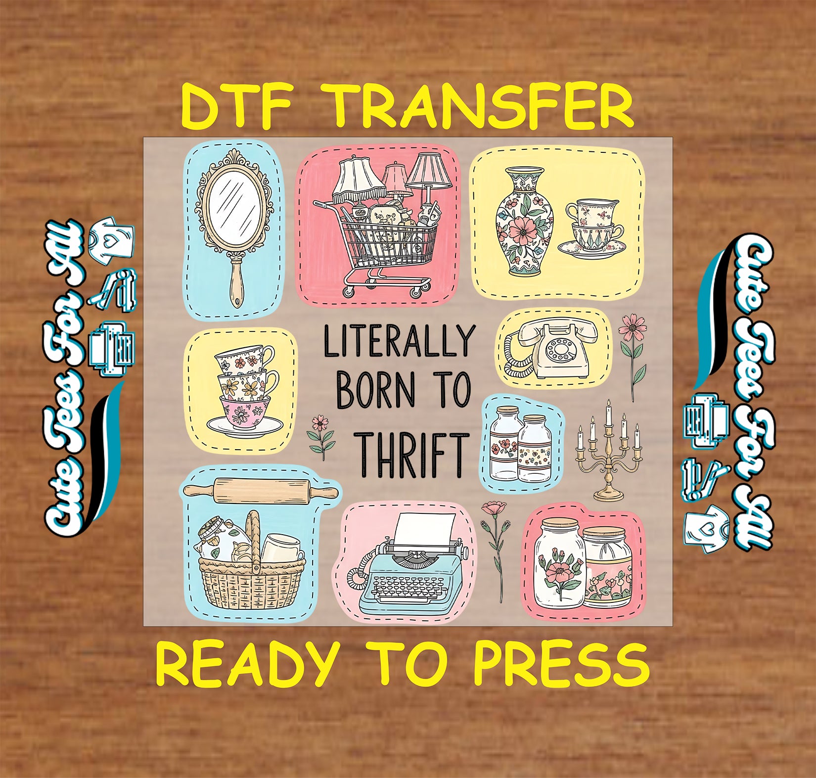 literally born to thrift vintage thrift items graphic ready to press dtf iron on heat transfer for thrift lover diy shirts