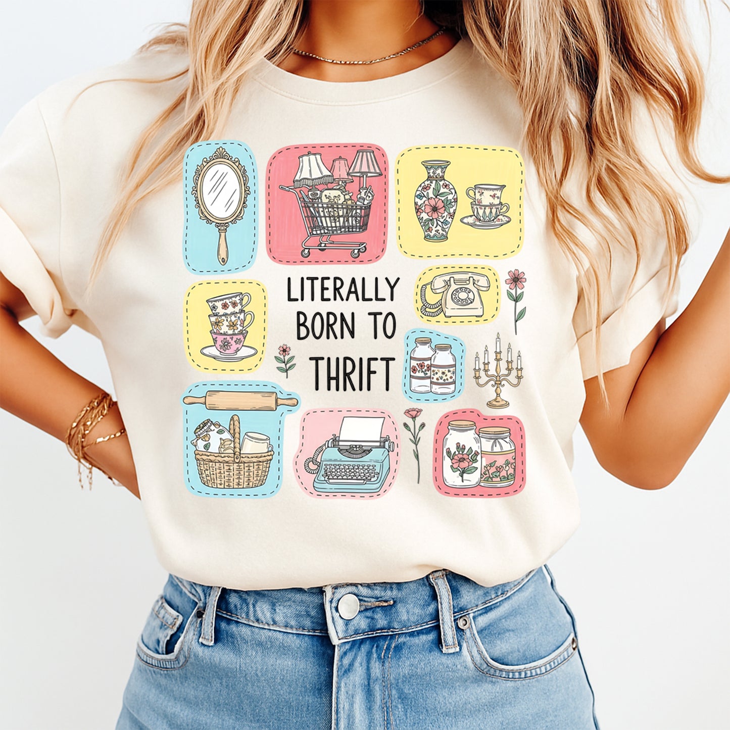 Person wearing a t-shirt with thrift store-themed graphics and text.