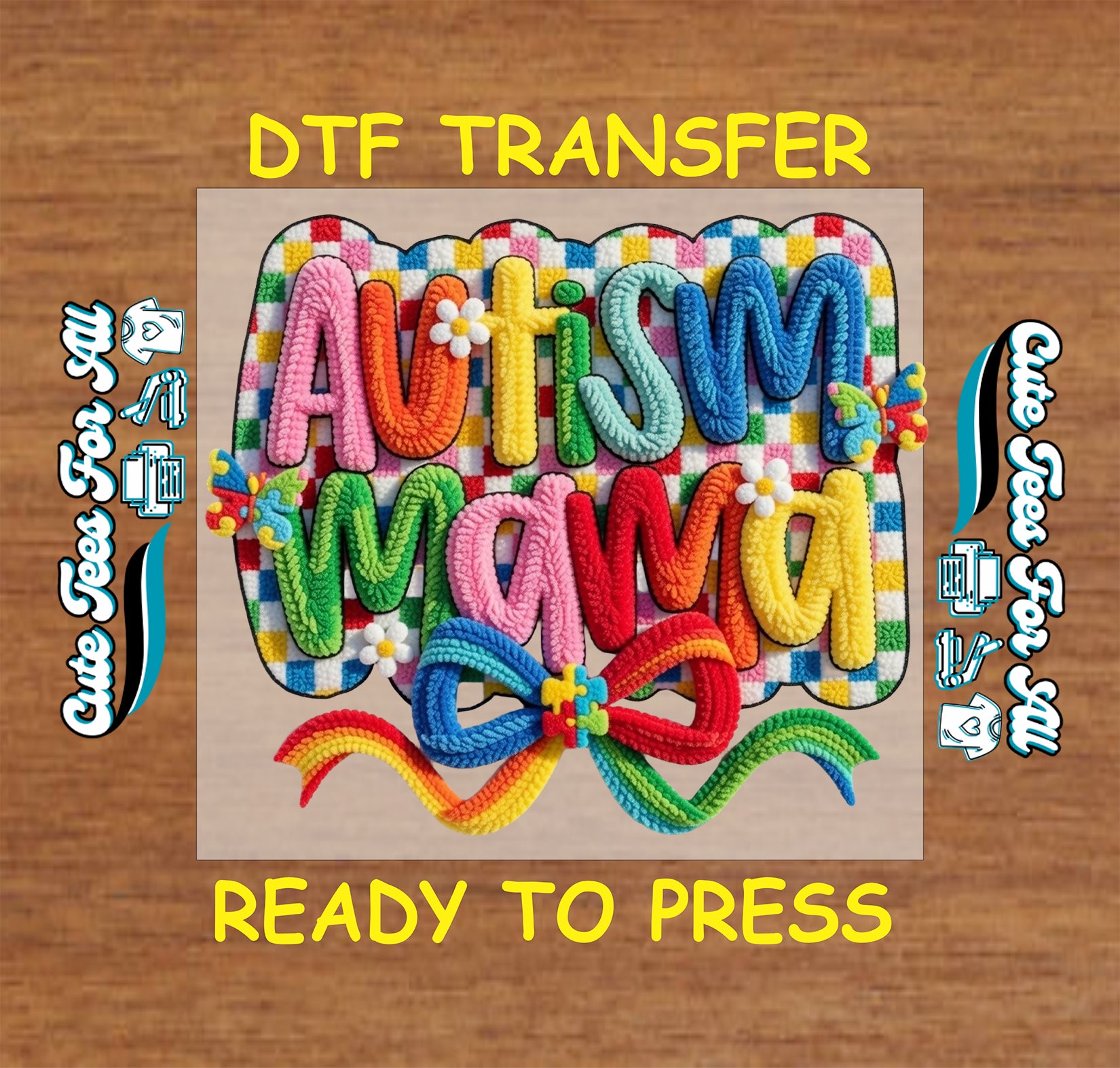 autism mama colorful puzzle bow graphic ready to press dtf iron on heat transfer for autism awareness diy shirts