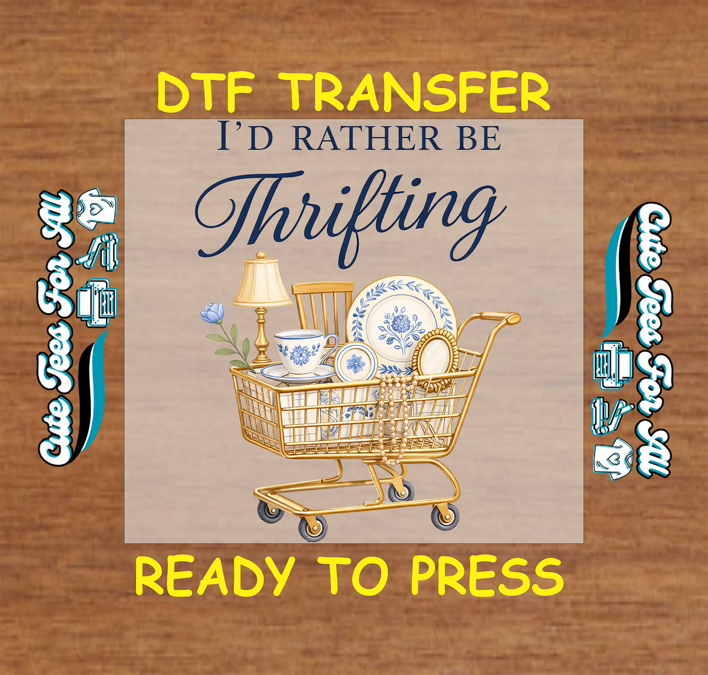 id rather be thrifting vintage shopping cart graphic ready to press dtf iron on heat transfer for thrift lover diy shirts