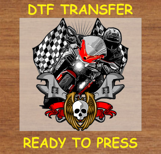 "Race Day Biker DTF Transfer with motorcycle, checkered flags, and skull emblem"