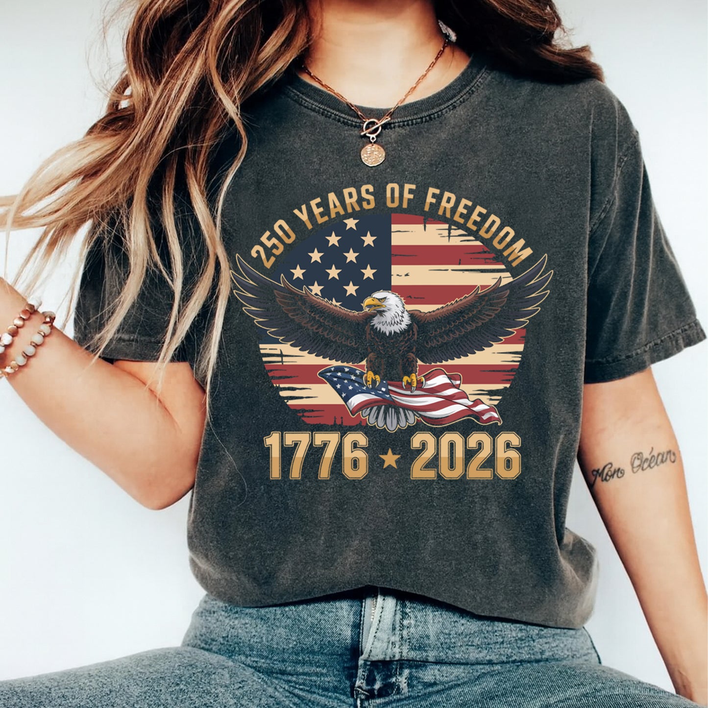 woman wearing patriotic eagle 1776 2026 american flag shirt graphic ready to press dtf transfer design