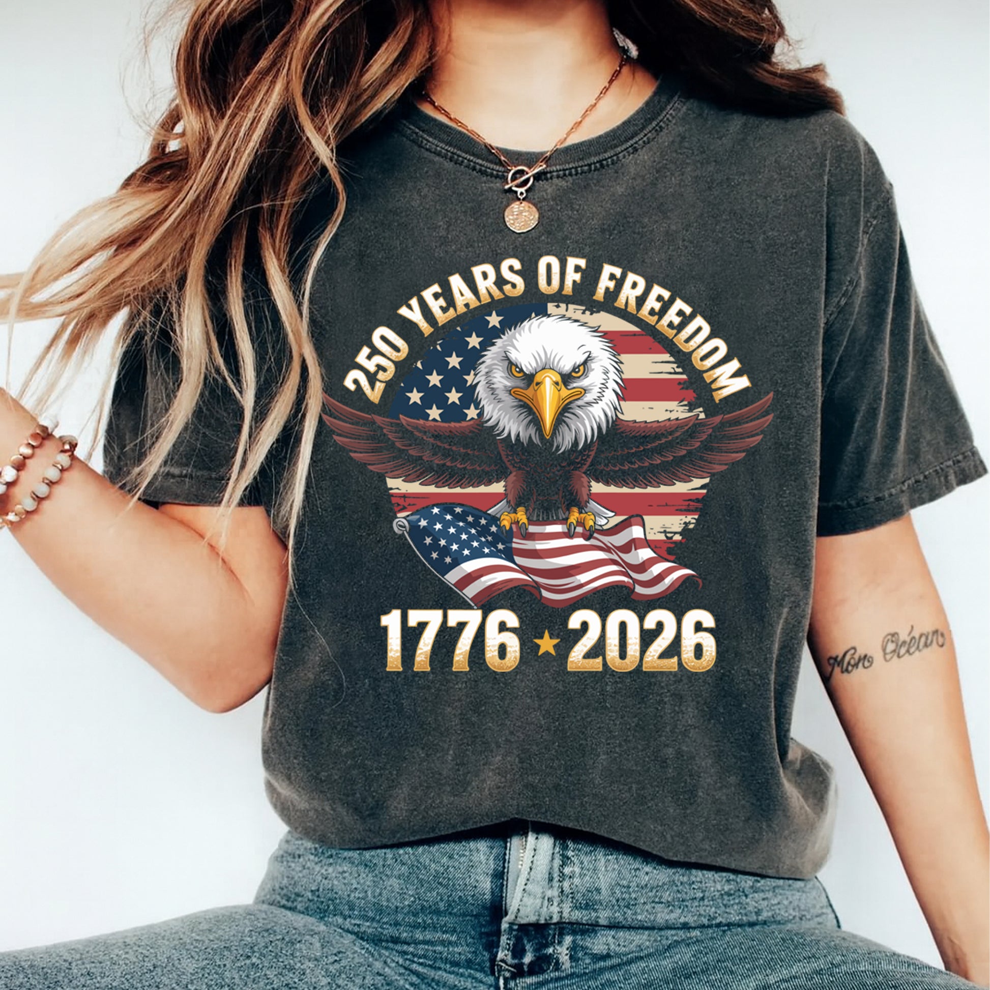 woman wearing patriotic eagle 1776 2026 american flag shirt graphic ready to press dtf transfer design