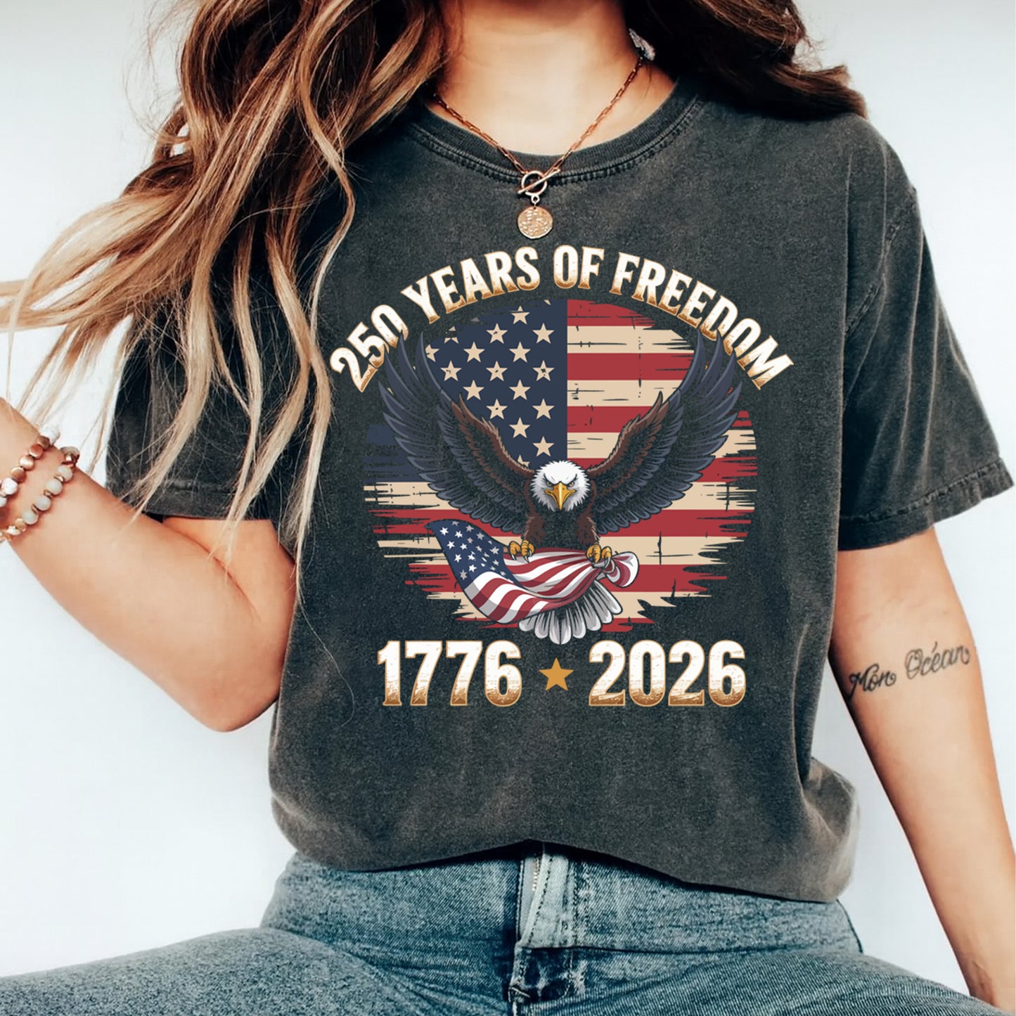 woman wearing patriotic eagle american flag 250 years of freedom 1776 2026 shirt graphic ready to press dtf transfer design