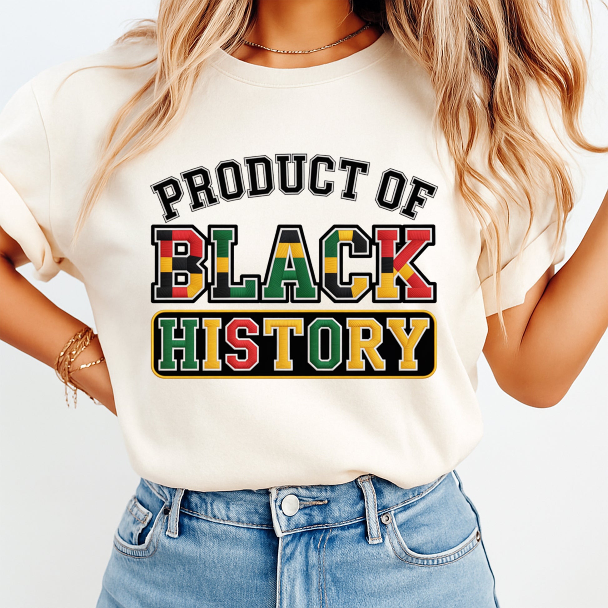 woman wearing product of black history graphic shirt red gold green black heritage text ready to press dtf transfer design