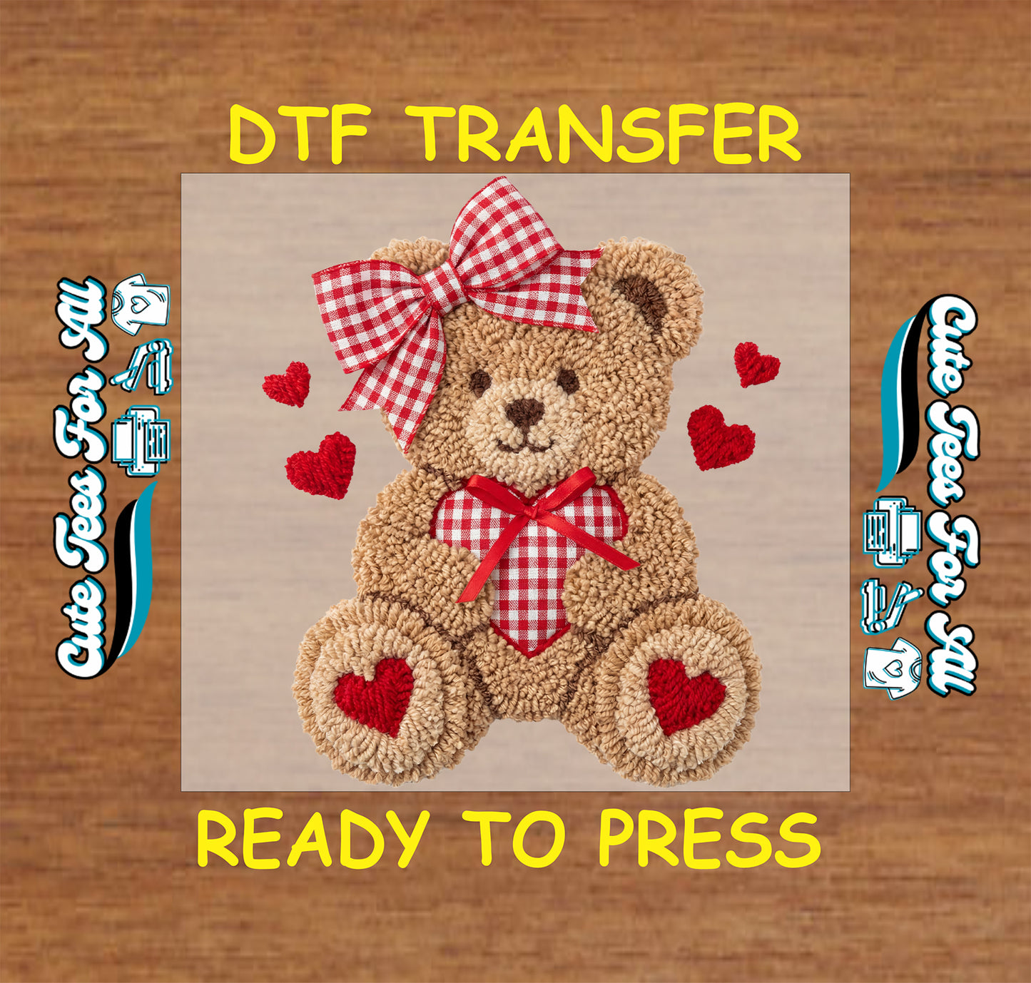 crochet teddy bear with red bow and hearts valentines graphic ready to press dtf iron on heat transfer for diy shirts
