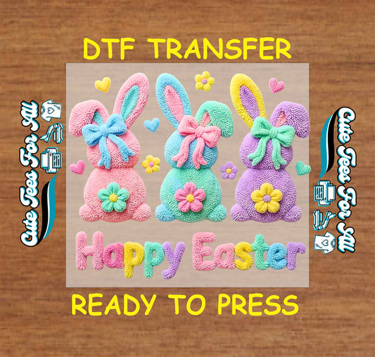 happy easter pastel bunny trio with bows flowers spring graphic ready to press dtf iron on heat transfer for diy shirts