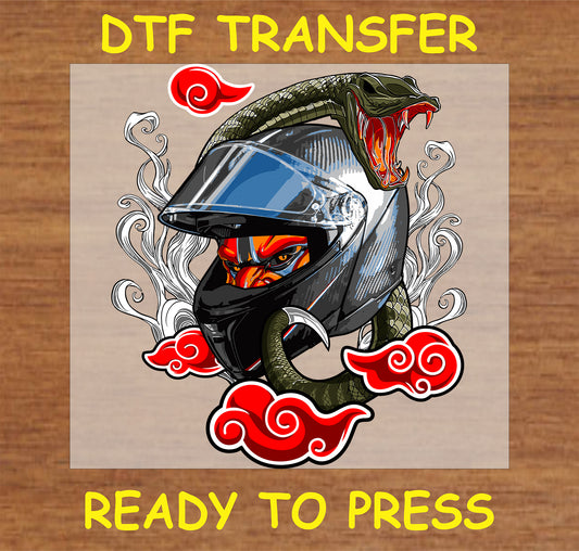 "Serpent Rider DTF Transfer with helmet, snake, and red cloud accents"