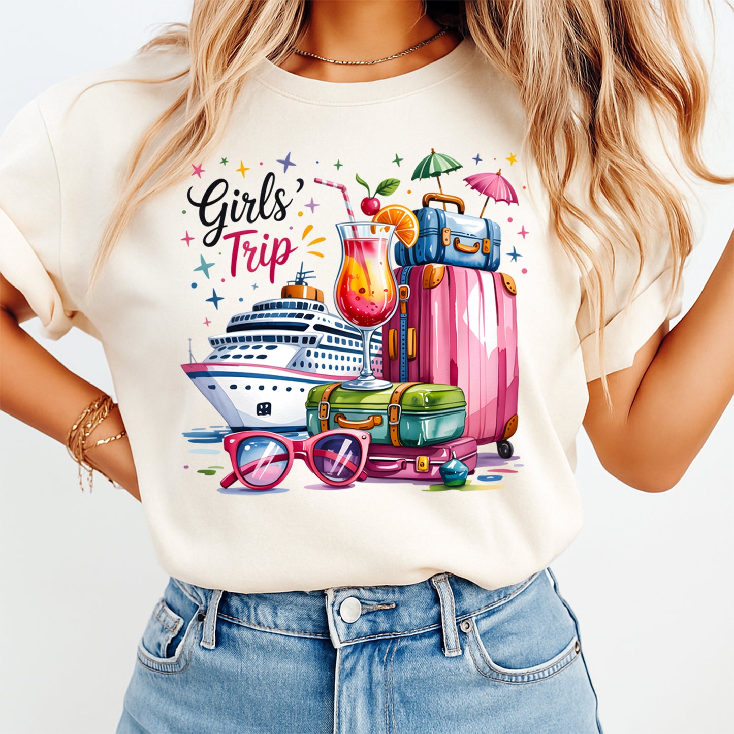 woman wearing girls trip cruise vacation graphic shirt ready to press dtf transfer design