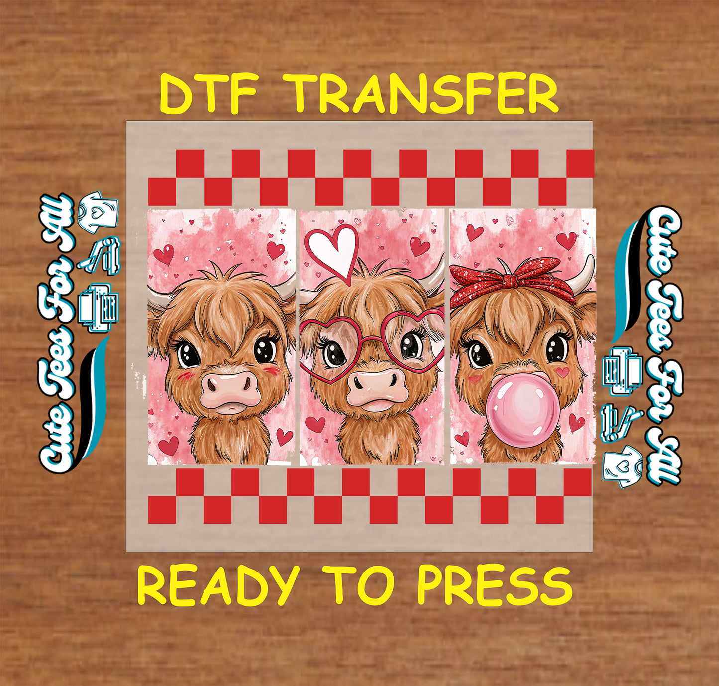 cute highland cow trio with hearts valentine graphic ready to press dtf iron on heat transfer for diy shirts