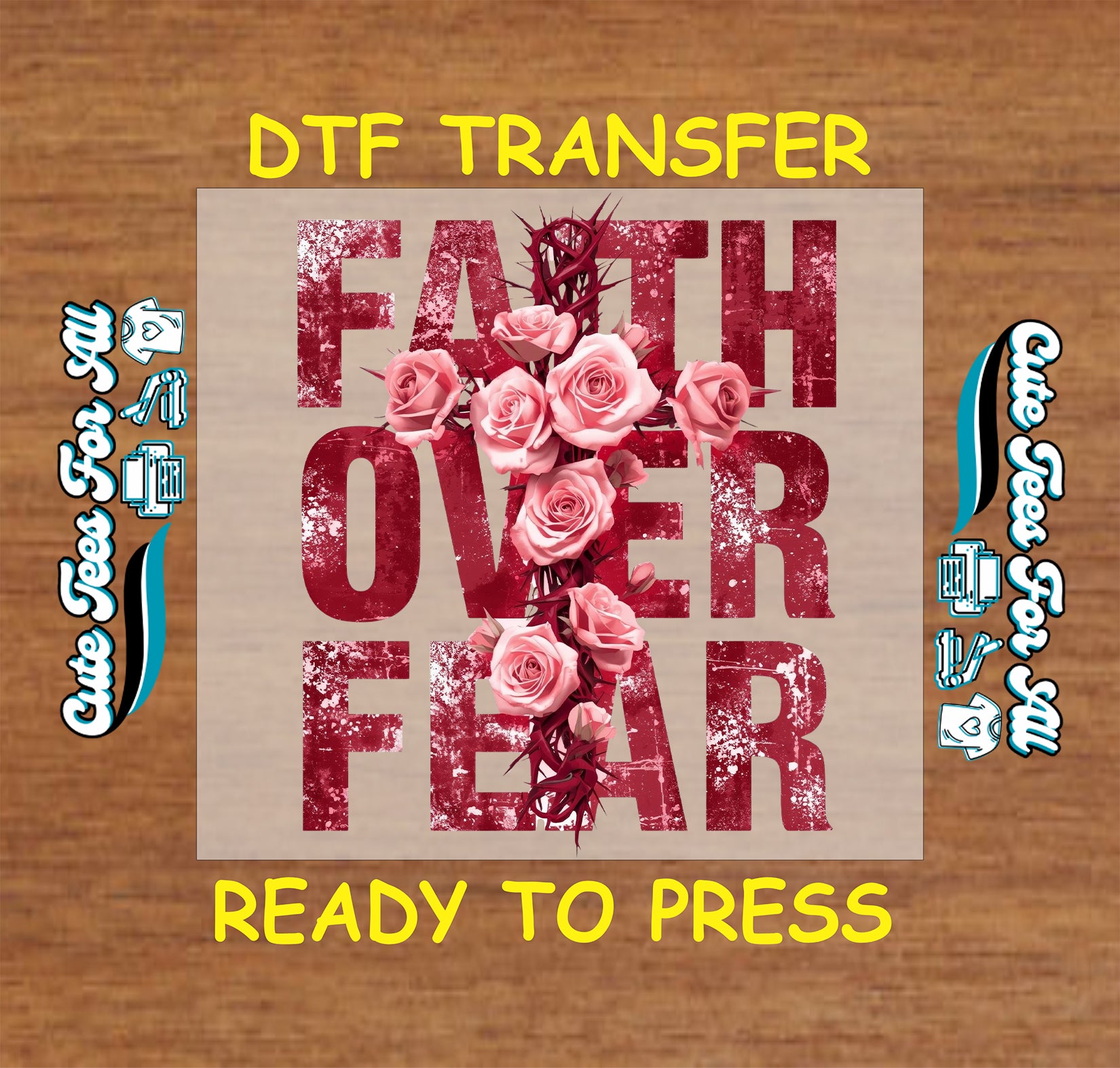 faith over fear cross with pink roses ready to press dtf iron on heat transfer for christian diy shirts