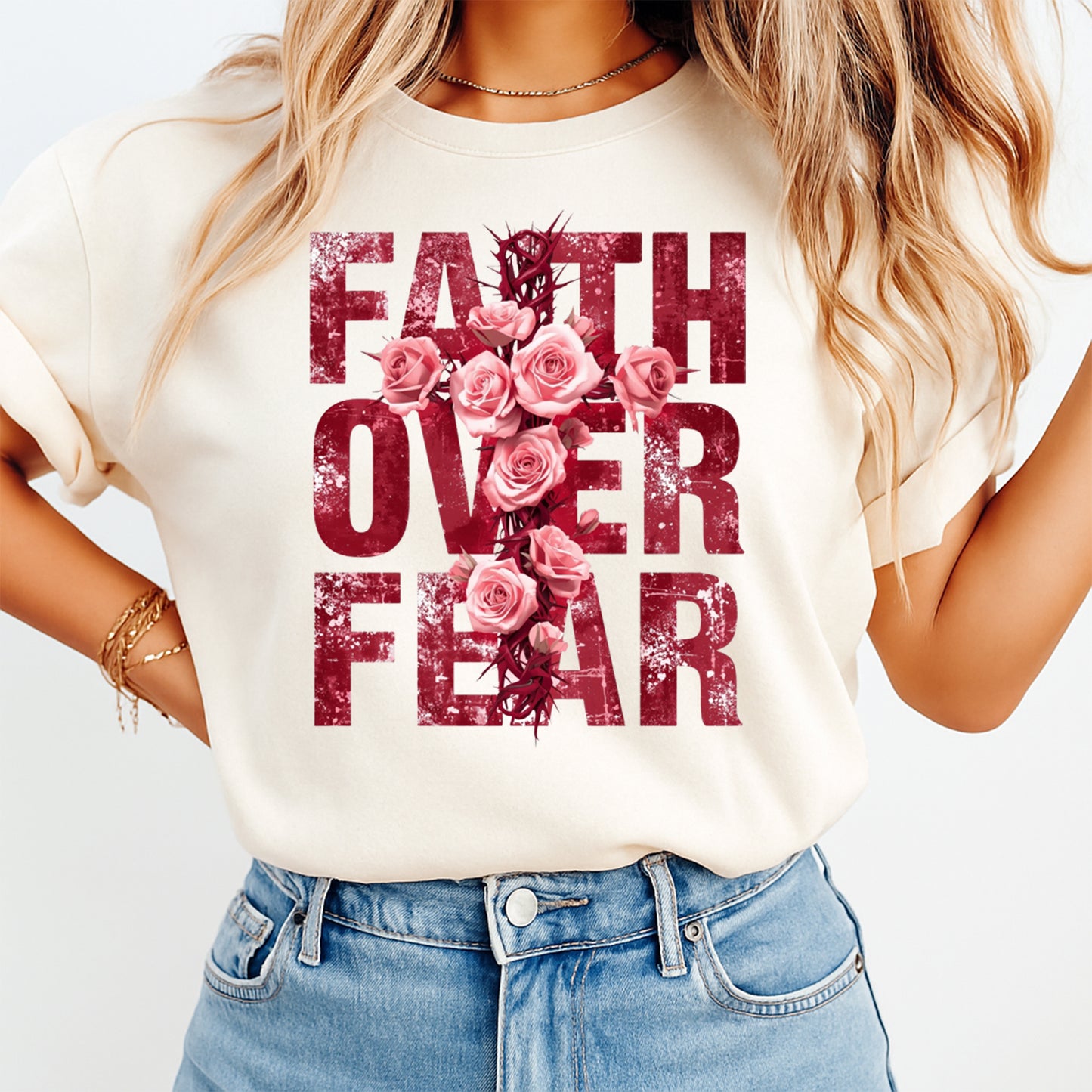 woman wearing faith over fear cross roses christian shirt graphic ready to press dtf heat transfer design