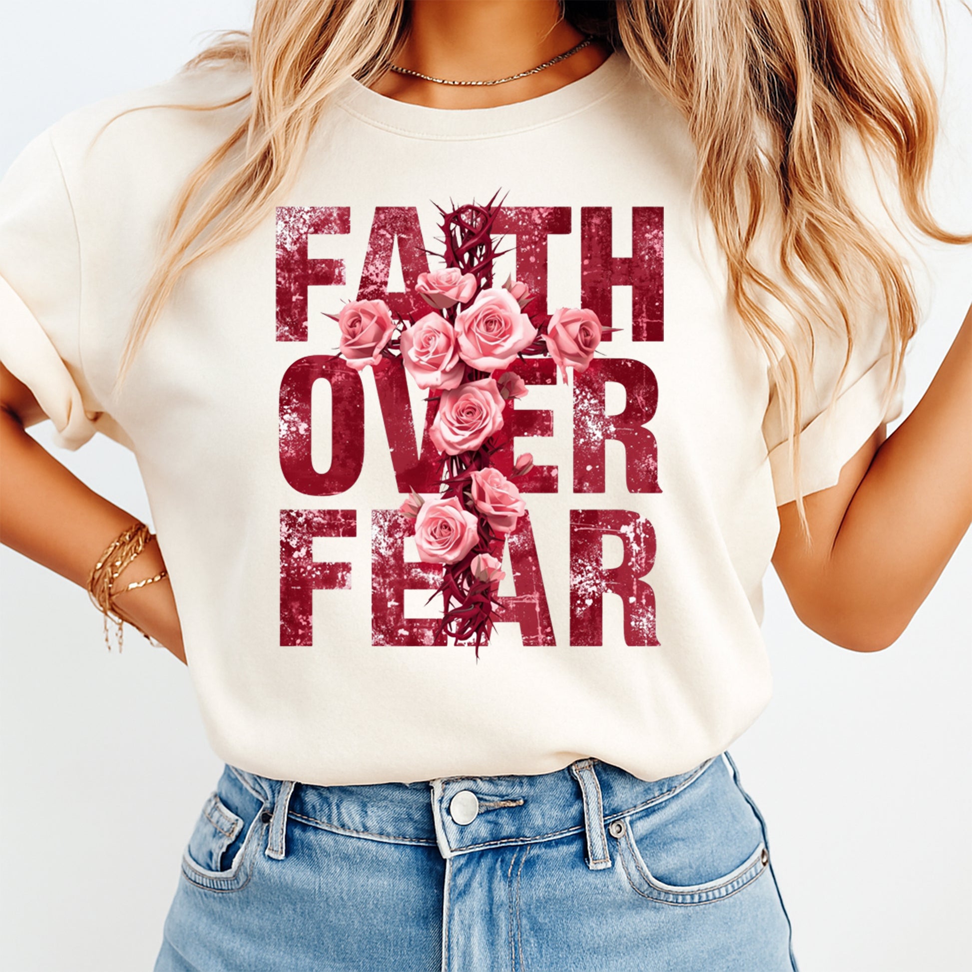 woman wearing faith over fear cross roses christian shirt graphic ready to press dtf heat transfer design