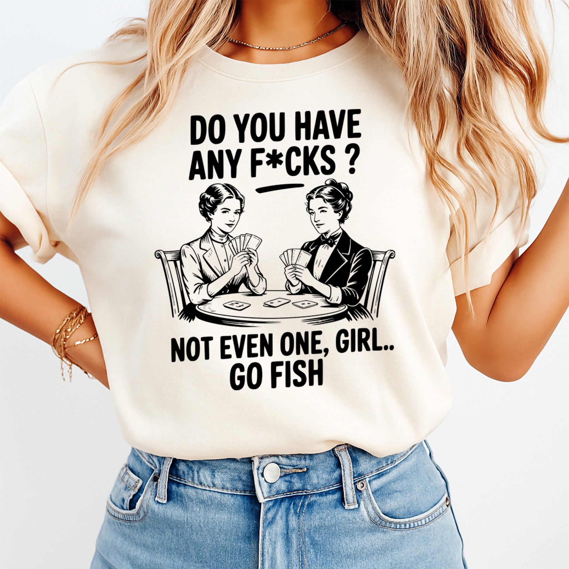 woman wearing do you have any fcks go fish funny quote shirt ready to press dtf heat transfer graphic