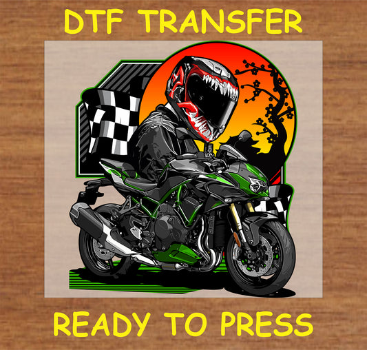 "Predator Racer DTF Transfer with fierce helmet, green motorbike, checkered flag, and sunset background"