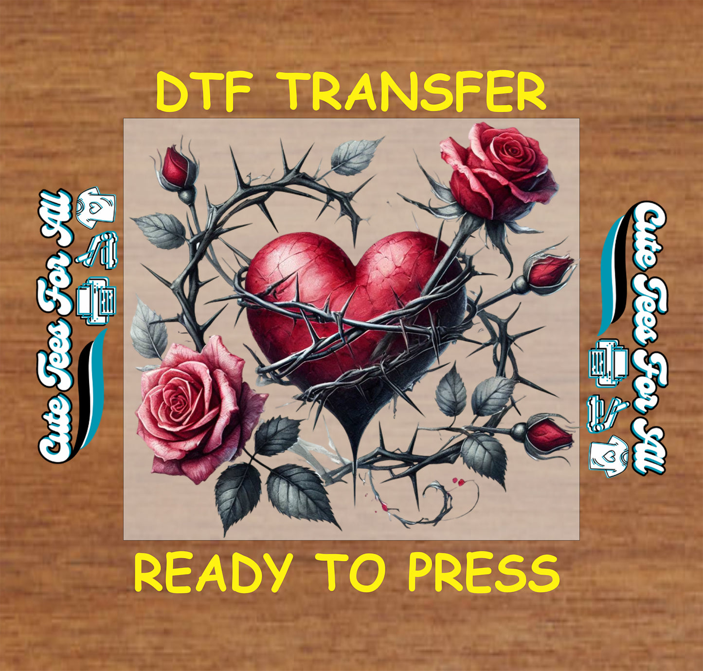 red heart with thorn crown and roses ready to press dtf iron on heat transfer for valentine diy shirts