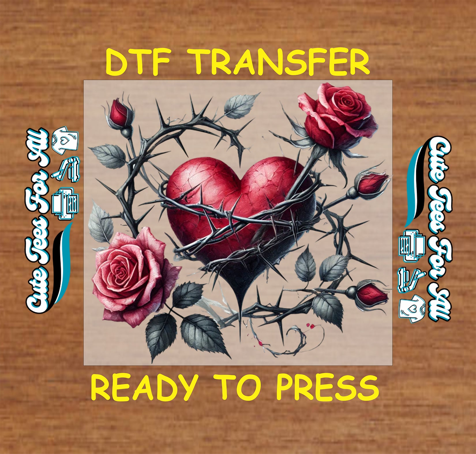 red heart with thorn crown and roses ready to press dtf iron on heat transfer for valentine diy shirts