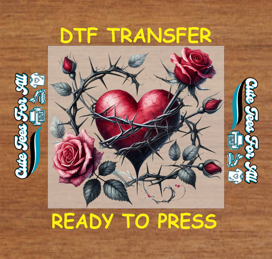 red heart with thorn crown and roses ready to press dtf iron on heat transfer for valentine diy shirts