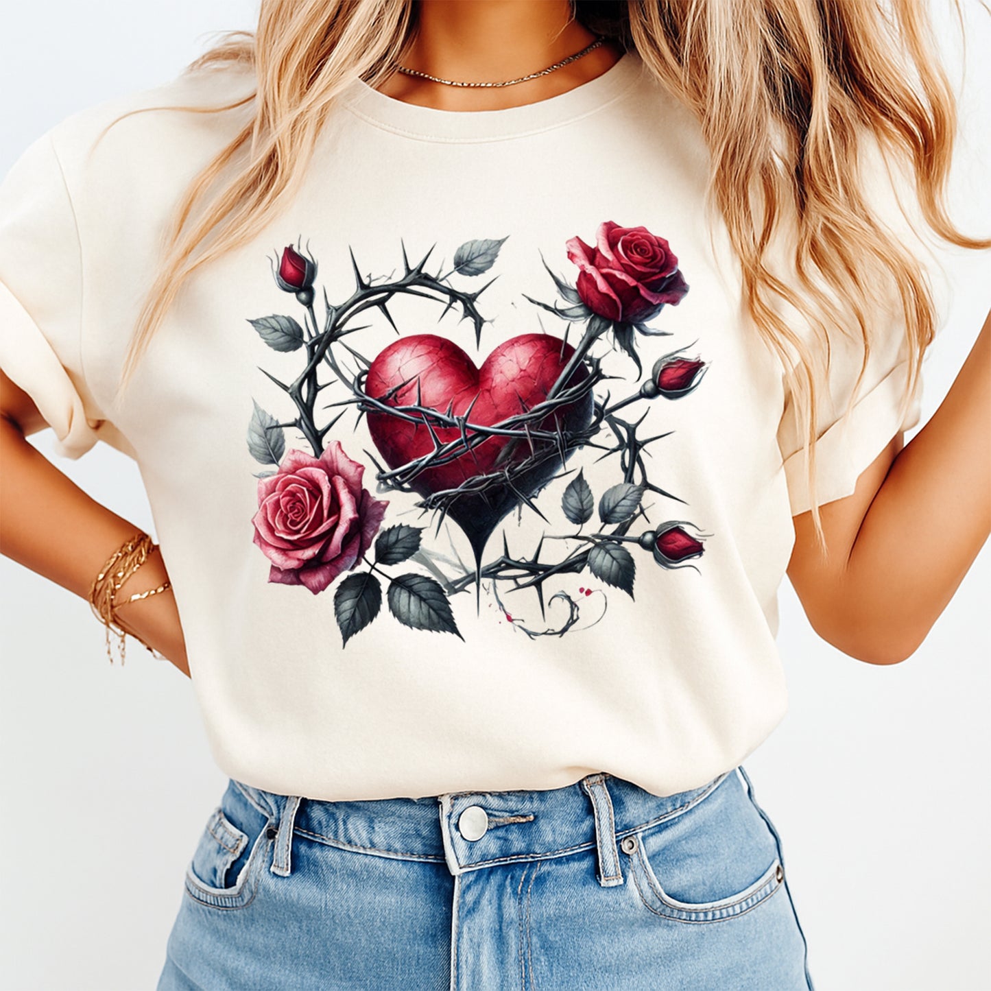 woman wearing thorn crown heart rose graphic shirt ready to press dtf heat transfer design