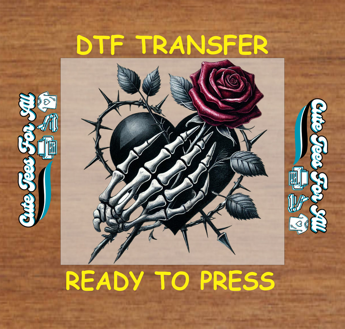gothic skeleton hand heart rose ready to press dtf iron on heat transfer graphic