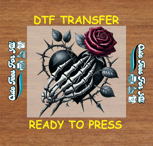 gothic skeleton hand heart rose ready to press dtf iron on heat transfer graphic