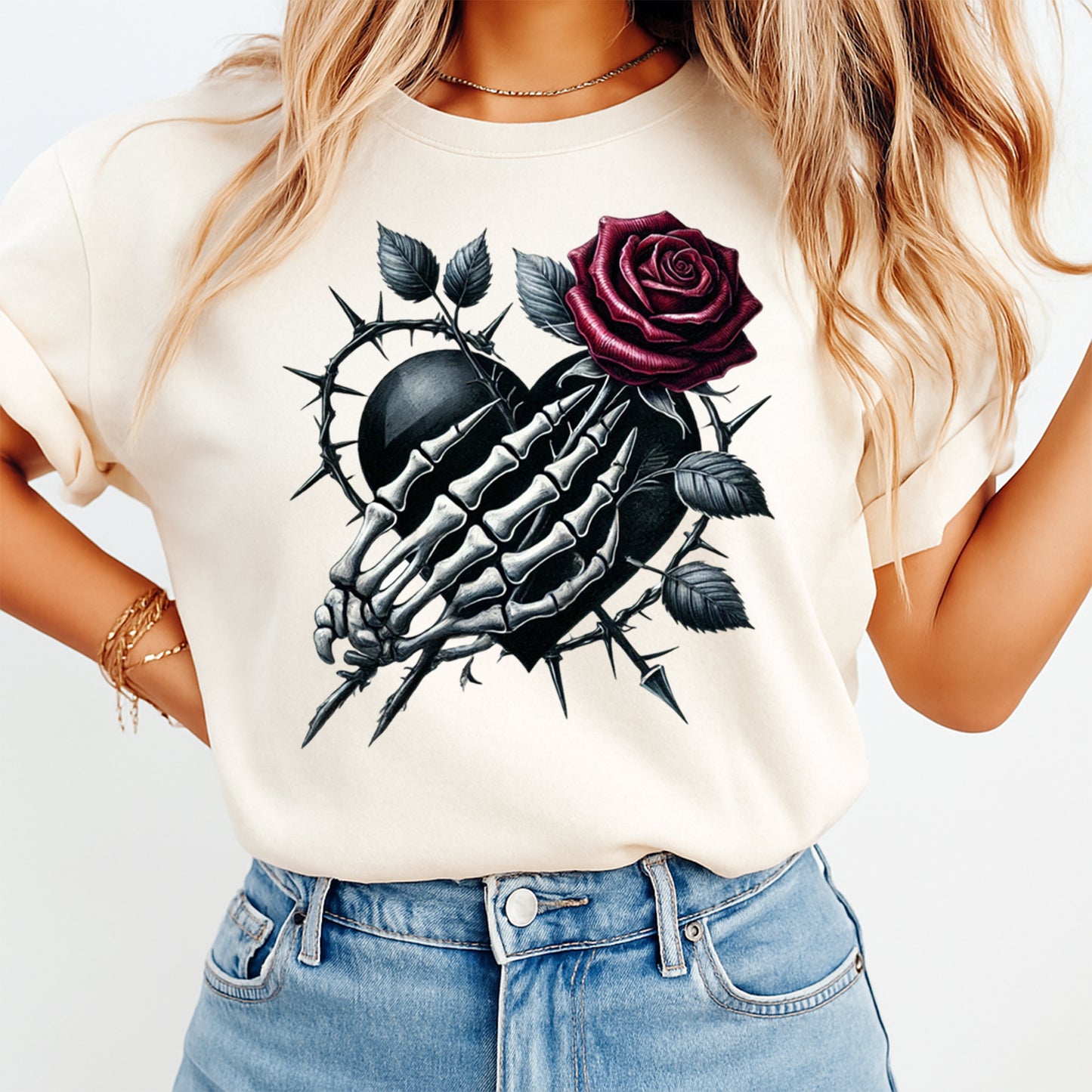 gothic skeleton hand heart rose graphic printed on shirt ready to press dtf transfer
