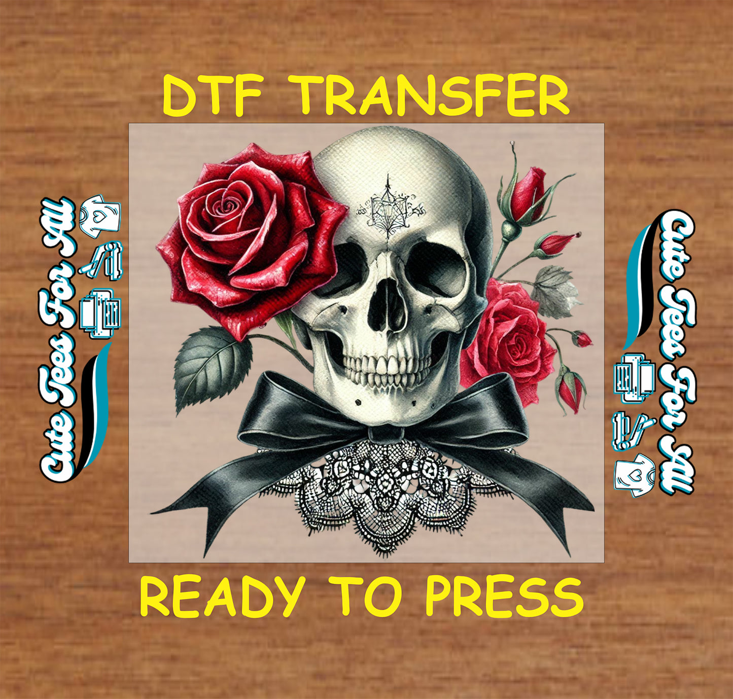 gothic skull red rose ready to press dtf iron on heat transfer graphic