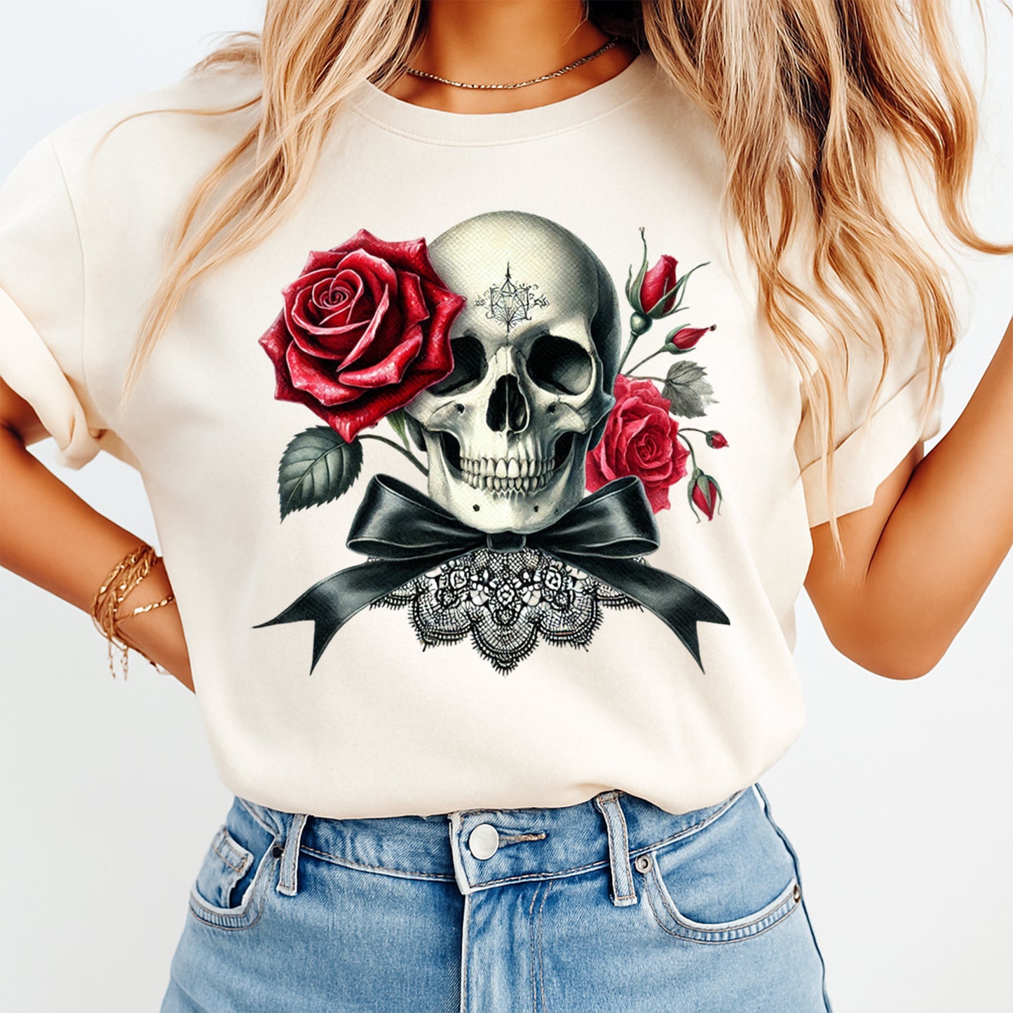 gothic skull red rose graphic printed on shirt ready to press dtf transfer