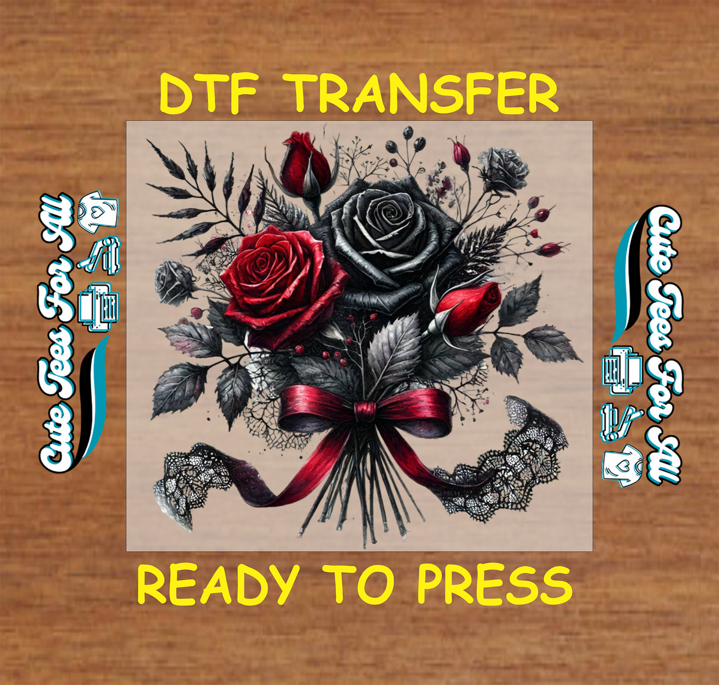 black and red rose bouquet gothic ready to press dtf transfer iron on heat transfer floral design