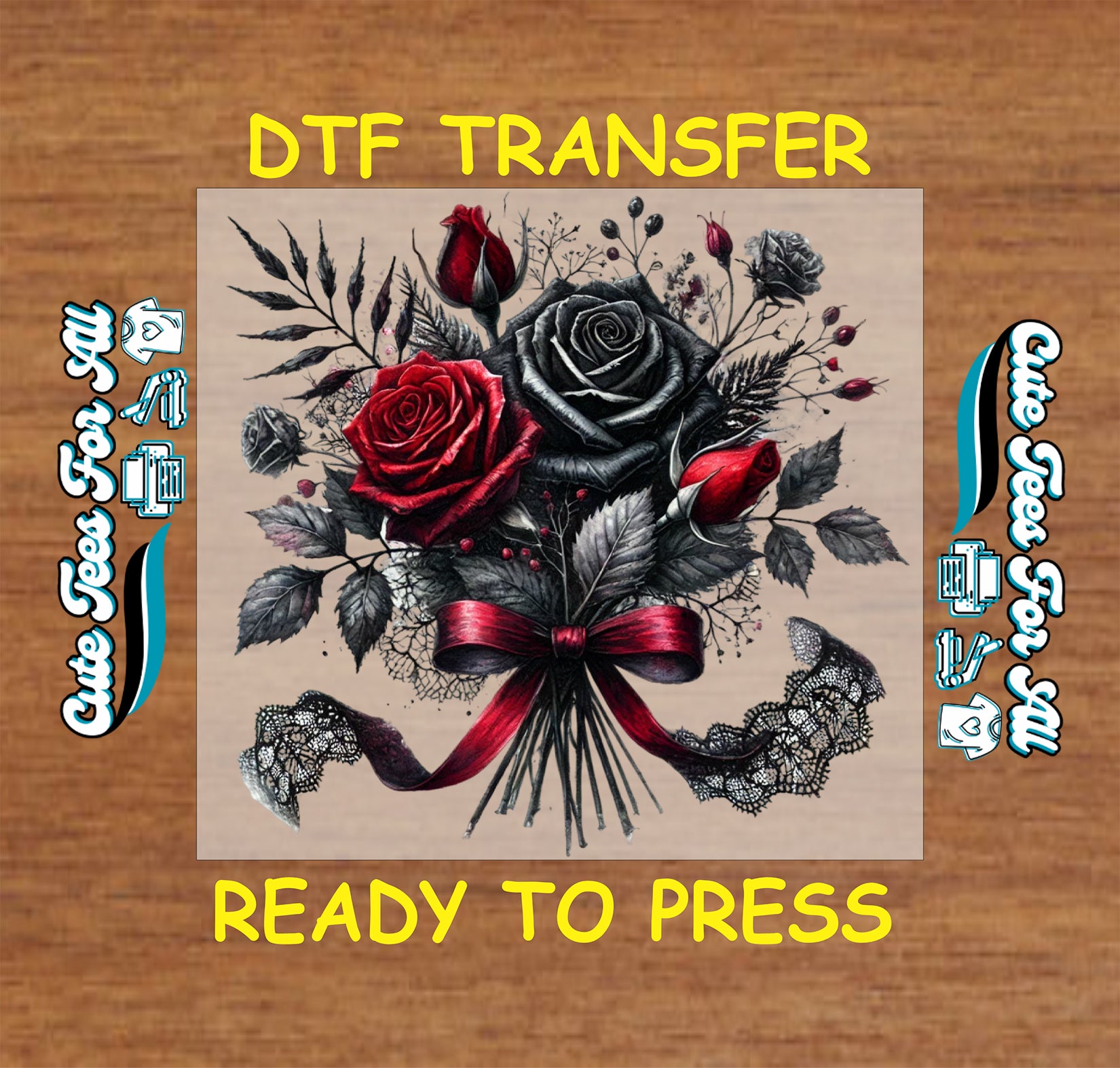 black and red rose bouquet gothic ready to press dtf transfer iron on heat transfer floral design