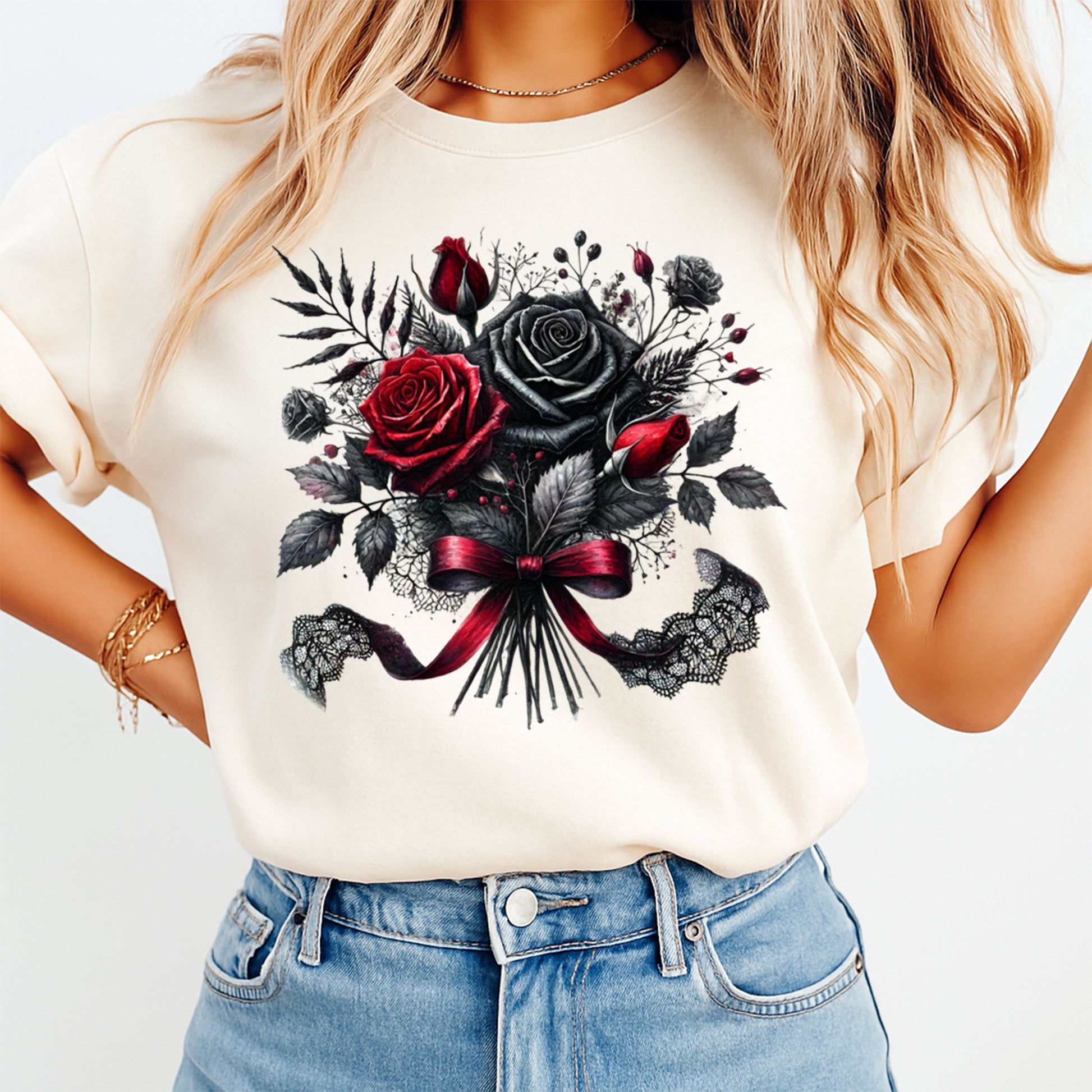 woman wearing shirt with black and red rose bouquet gothic floral graphic ready to press dtf transfer design