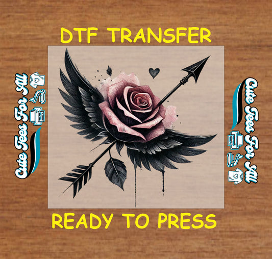 rose with arrow and black wings gothic ready to press dtf transfer iron on heat transfer romantic design