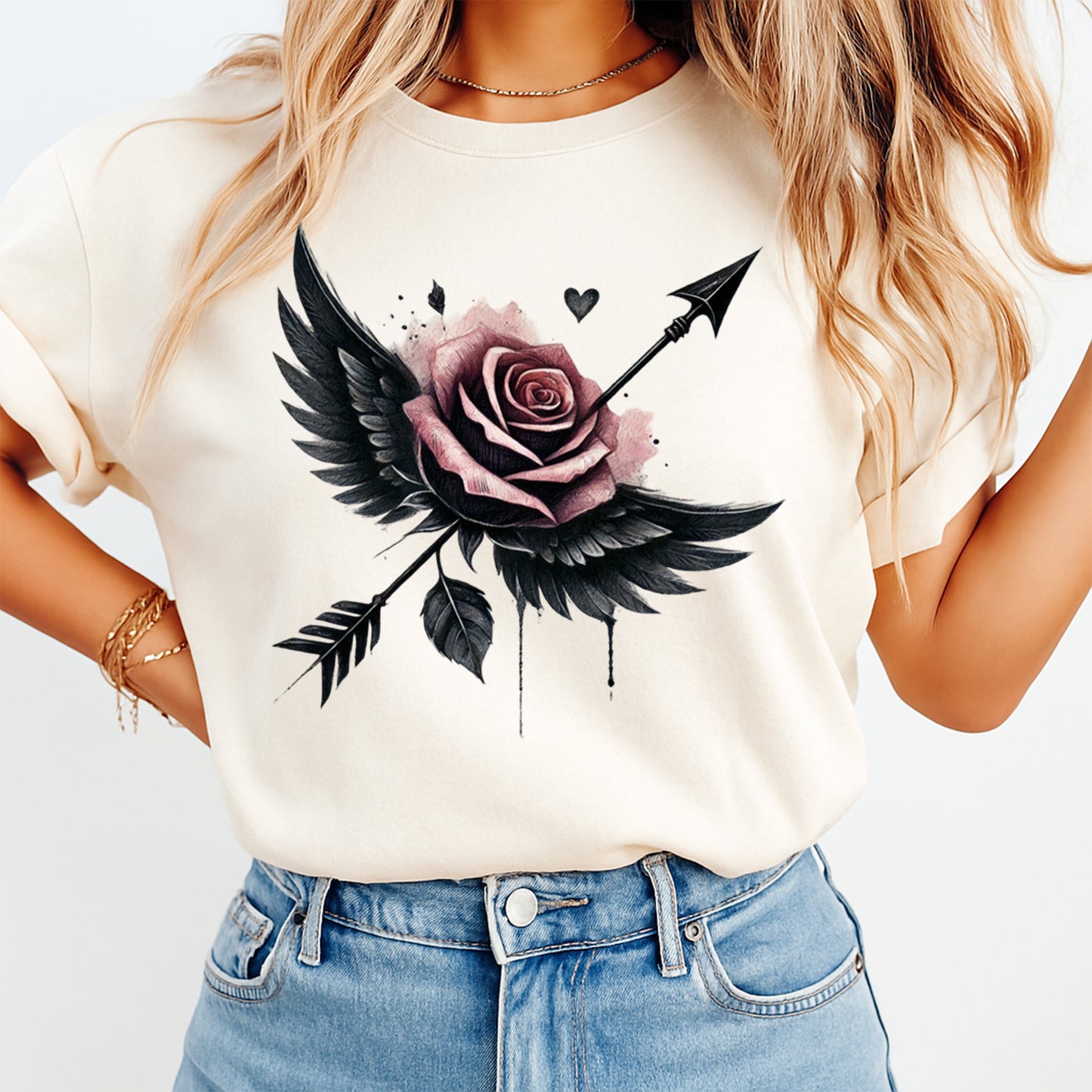 woman wearing shirt with winged rose arrow gothic romantic graphic ready to press dtf transfer design