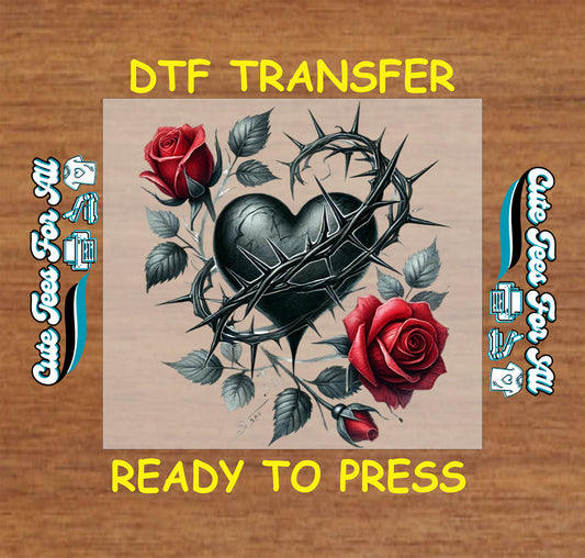 black heart with thorns and red roses gothic ready to press dtf transfer iron on heat transfer design