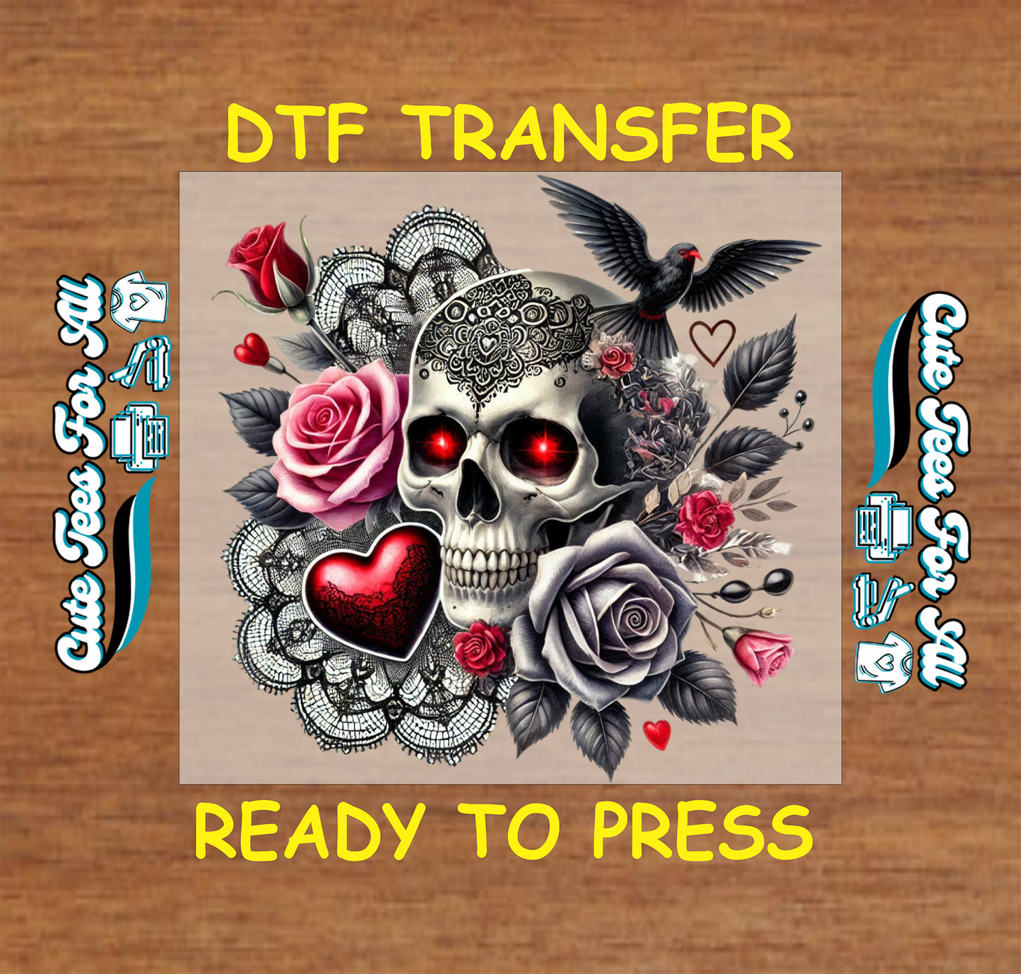 skull with red glowing eyes roses and heart gothic ready to press dtf transfer iron on heat transfer design