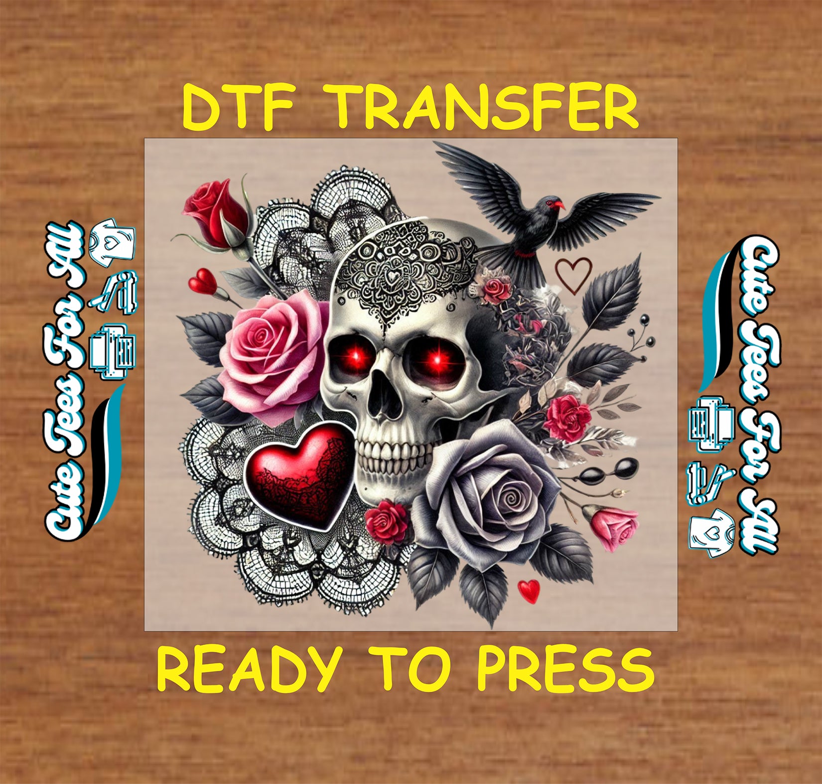 skull with red glowing eyes roses and heart gothic ready to press dtf transfer iron on heat transfer design