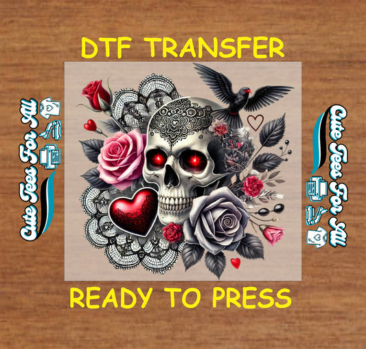 skull with red glowing eyes roses and heart gothic ready to press dtf transfer iron on heat transfer design