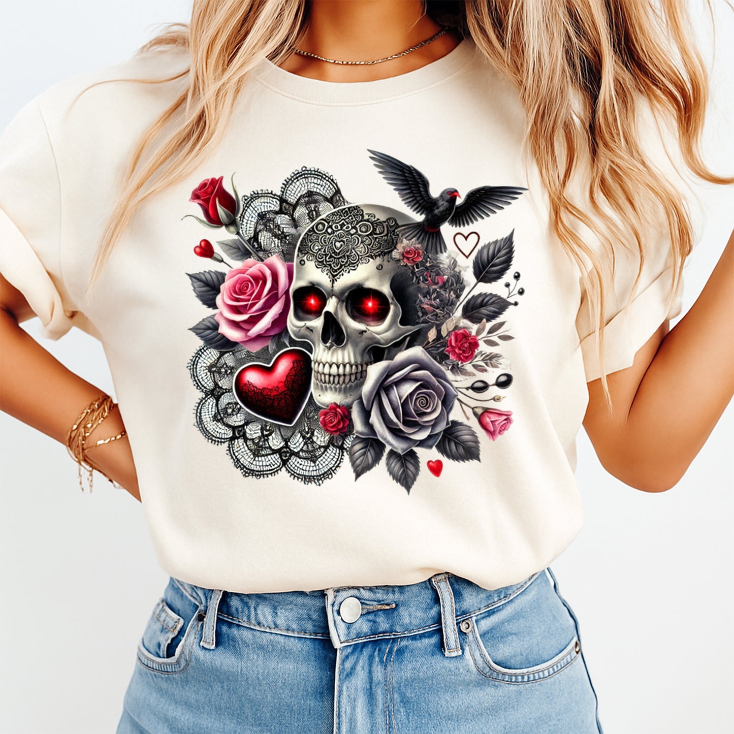 woman wearing shirt with skull roses and heart gothic romantic graphic ready to press dtf transfer design