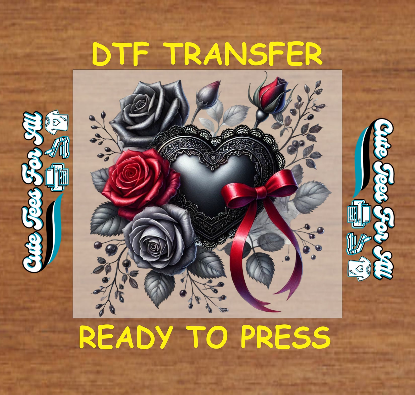 black heart with red and gray roses ribbon gothic ready to press dtf transfer iron on heat transfer decal