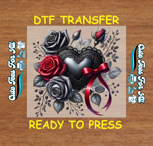 black heart with red and gray roses ribbon gothic ready to press dtf transfer iron on heat transfer decal