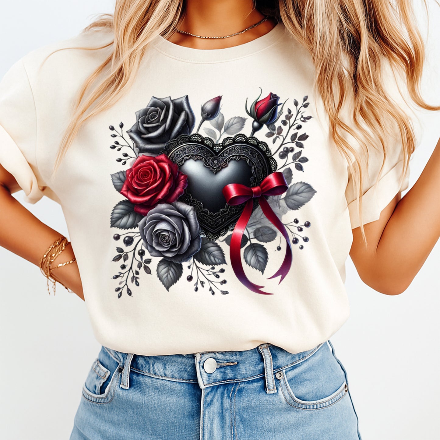 woman wearing shirt with gothic black heart rose floral ribbon design ready to press dtf transfer