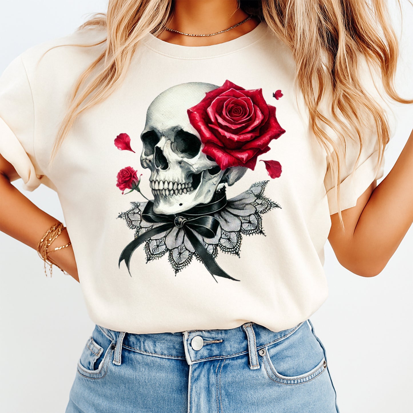 gothic skull rose graphic on shirt mockup ready to press dtf transfer iron on heat transfer diy shirts