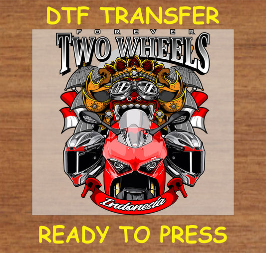 "Forever Two Wheels DTF Transfer featuring a motorbike, helmets, and Indonesian cultural design elements"